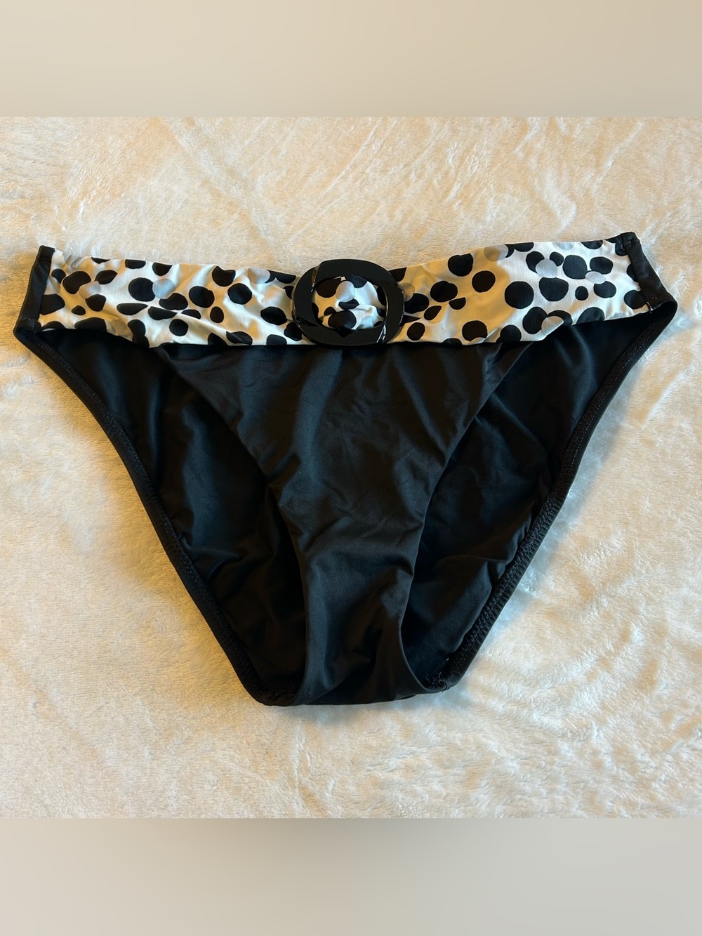 ORY black bikini bottom with polka dot band and round plastic accent size 36